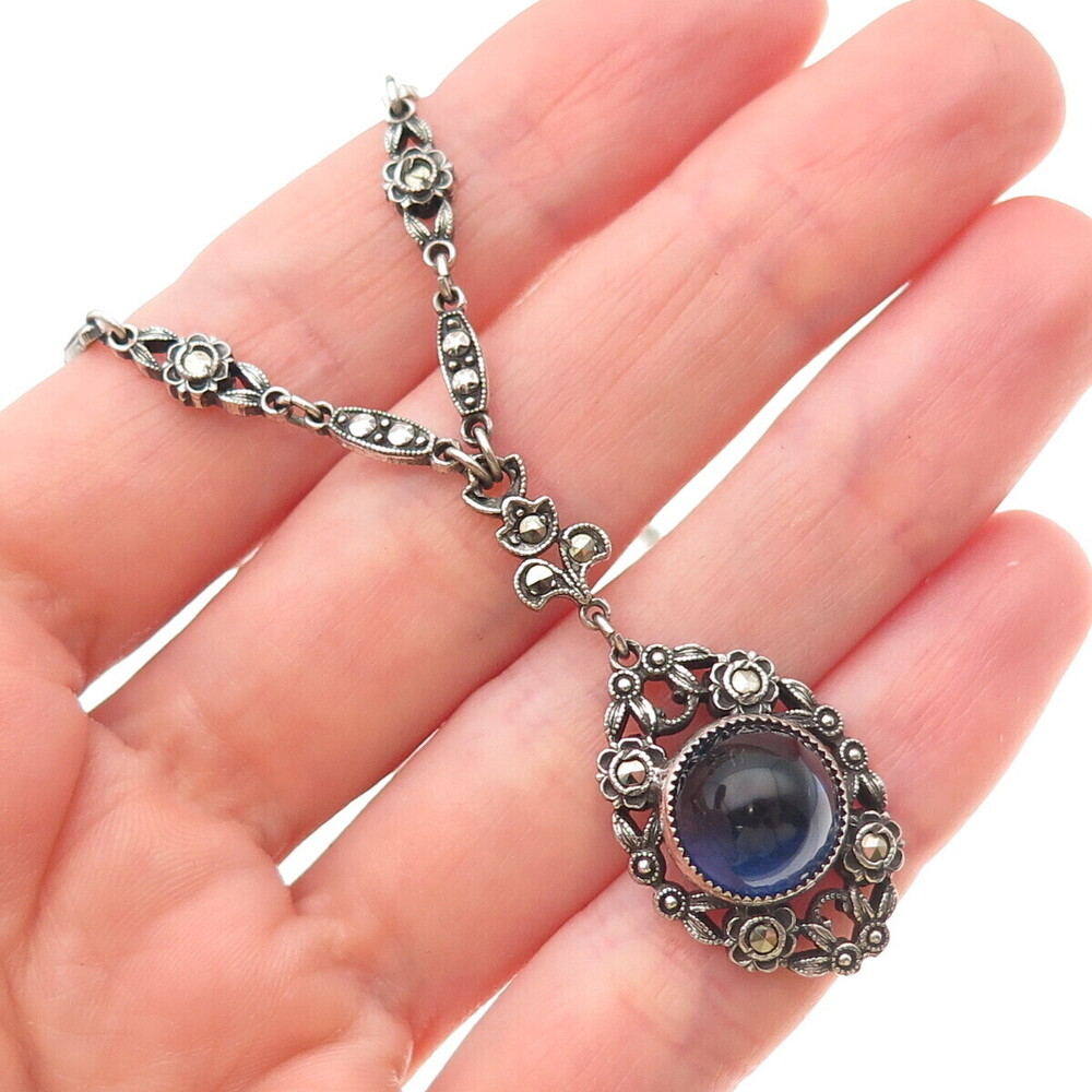925 Sterling Antique Art Deco Real Marcasite & Blue Glass Chain Necklace 14"